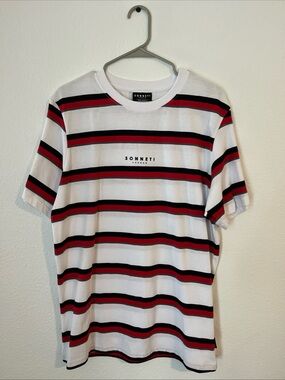 Sonneti White Crewneck Shirt with Red & Black Stripes size L